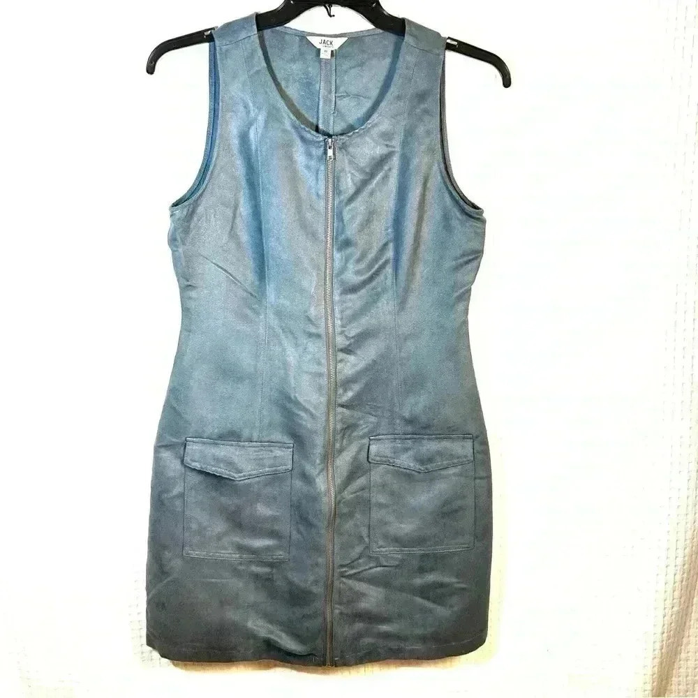 Jack BB Dakota Dress Size 8 Faux Suede Front Zip Retro 70s Mod Pockets Gray Blue